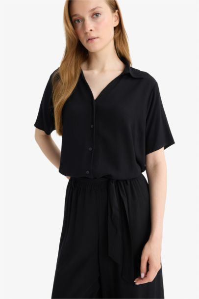 Regular Fit Crinkle Viscose Black Shirt