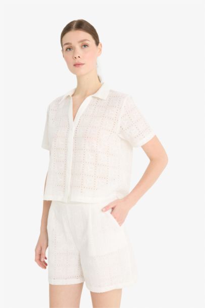 Regular Fit Shirt Collar Embroidered Short Sleeve Shirt