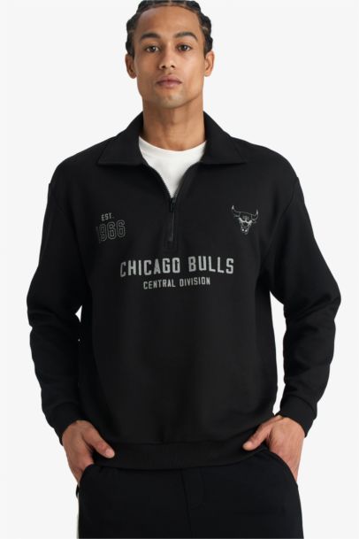 NBA Chıcago Bulls Relax Fıt Polo Yaka Jakarlı Sweatshirt