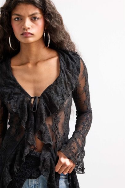 Slim Fit Dar Kesim V Yaka Dantel Önden Bağlamalı Uzun Kollu Bluz