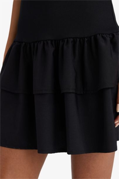 Bisiklet Yaka Kısa Kollu Mini Elbise