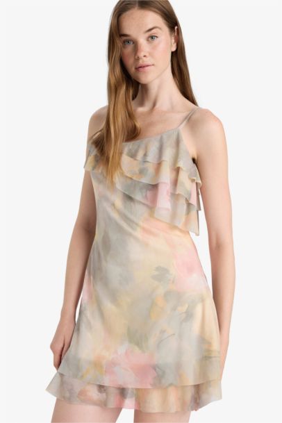 فستان قصير نص كم فلورال من ميش