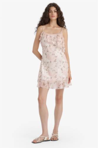 Ruffle Collar Floral Patterned Tulle Strappy Mini Dress