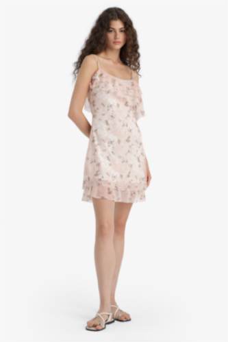Ruffle Collar Floral Patterned Tulle Strappy Mini Dress
