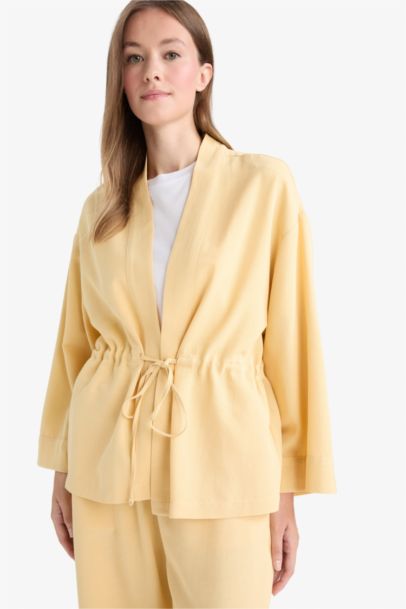 Relax Fit V-Neck Linen Blended Long Sleeve Shirt