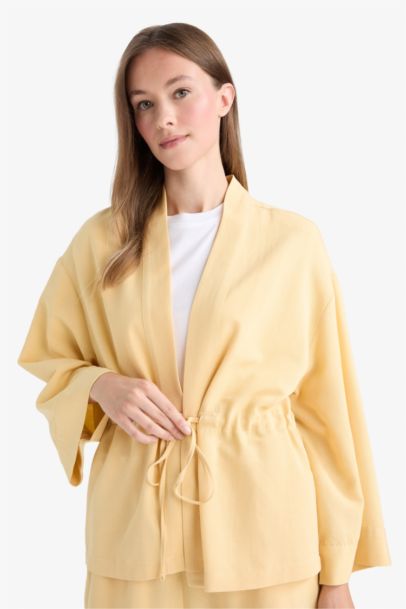 Relax Fit V-Neck Linen Blended Long Sleeve Shirt