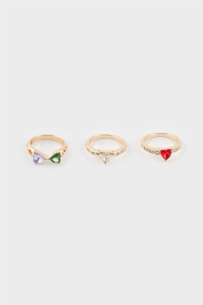 Woman 3 Piece Heart Detailed Gold Ring