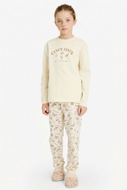 %100 Pamuklu Baskılı Beli Lastikli Pijama Takımı Kız Çocuk