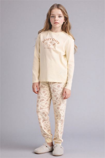 %100 Pamuklu Baskılı Beli Lastikli Pijama Takımı Kız Çocuk