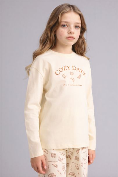 %100 Pamuklu Baskılı Beli Lastikli Pijama Takımı Kız Çocuk