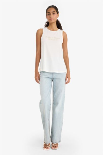 Relax Fit Slogan Crew Neck Tank Top