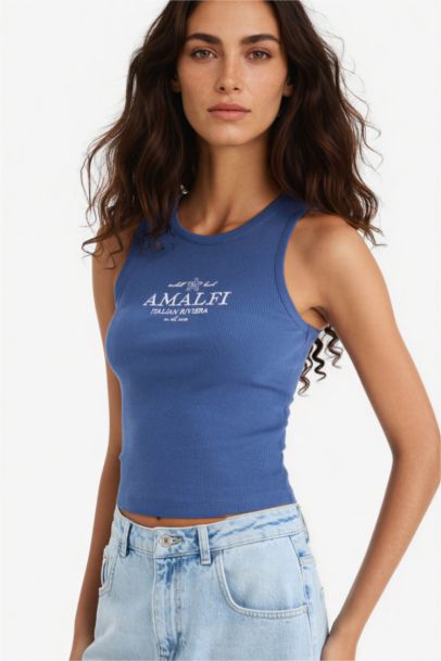 Slım Fıt Baskılı Halter Yaka Fitilli Kaşkorse Atlet