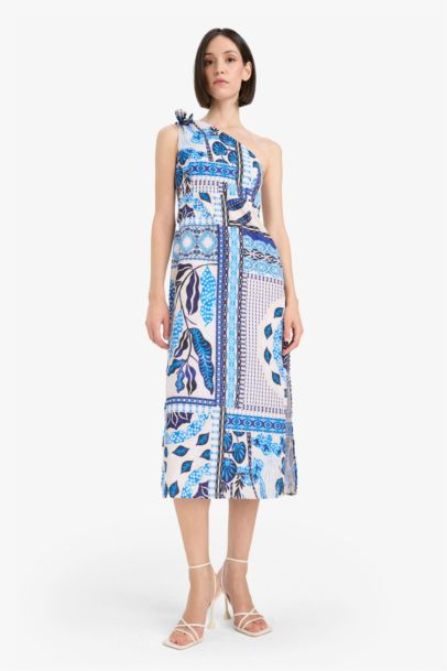 Regular Fit Tropikal Desenli Tek Omuzlu Poplin Plaj Elbisesi