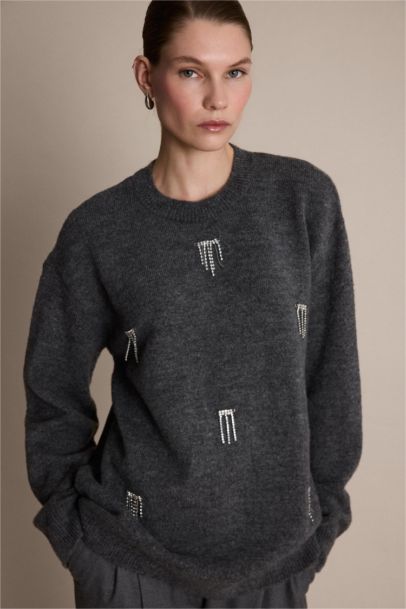 Regular Fit Bisiklet Yaka Taşlı Triko Kazak Tunik