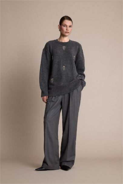 Regular Fit Bisiklet Yaka Taşlı Triko Kazak Tunik