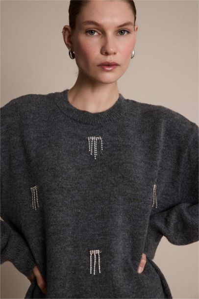 Regular Fit Bisiklet Yaka Taşlı Triko Kazak Tunik