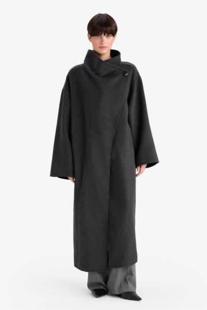 Yün Karışımlı Regular Fit Düğmeli Uzun Kaşe Kaban