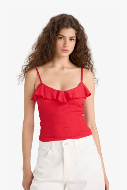 Slim Fit Ruffle Collar Strappy Red Tank Top