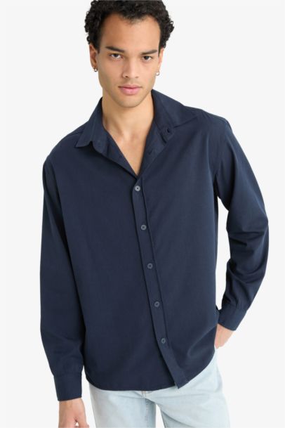 Regular Fit Polo Neck Woven Long Sleeve Shirt