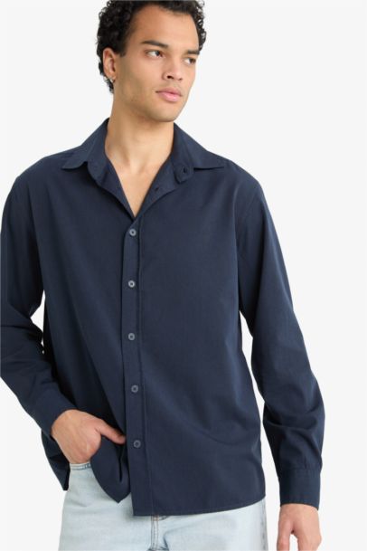 Regular Fit Polo Neck Woven Long Sleeve Shirt