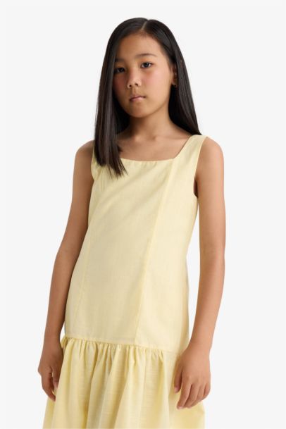 Regular Fit Round Neck Flounce Cotton Sleeveless Dress