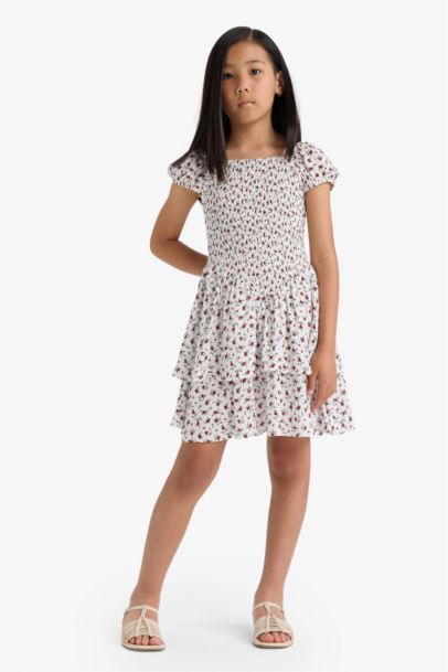 Girl Short Sleeve Floral Patterned Dress