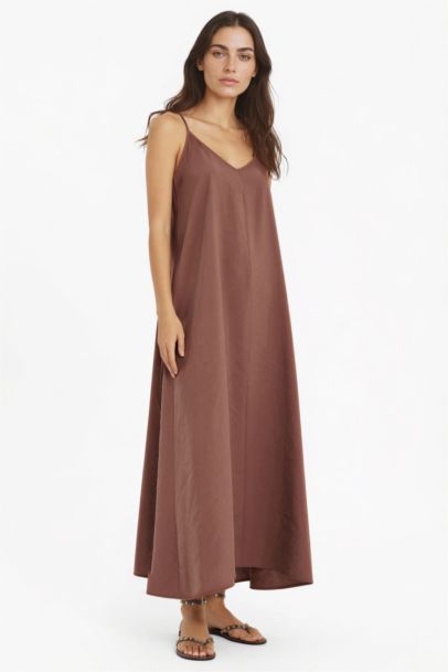 V Yaka Modal Askılı Maxi Elbise