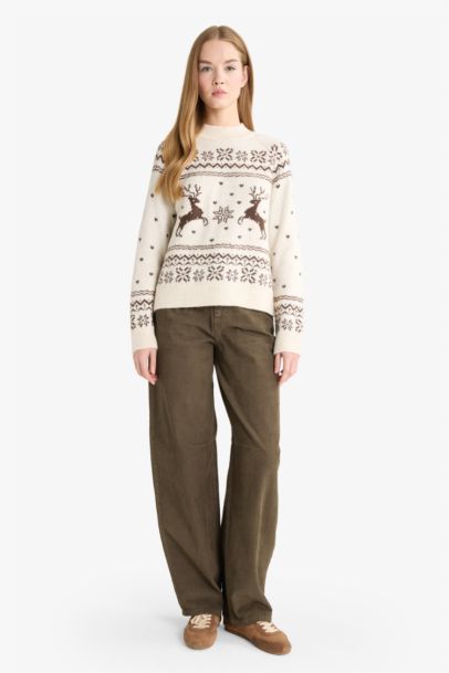 بلوز صوف قصة عادية بياخة مستديرة بطبعة كريسماس