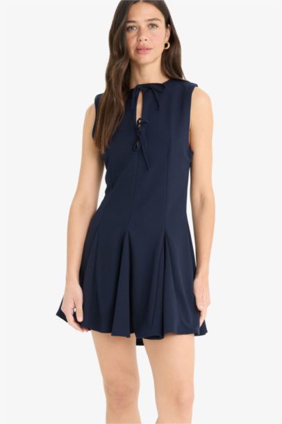 Crew Neck Pleated Crepe Sleeveless Mini Dress