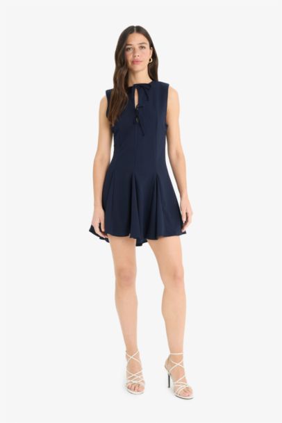 Crew Neck Pleated Crepe Sleeveless Mini Dress