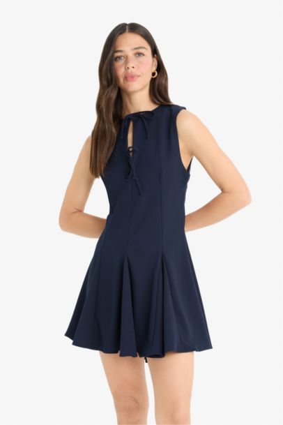 Crew Neck Pleated Crepe Sleeveless Mini Dress