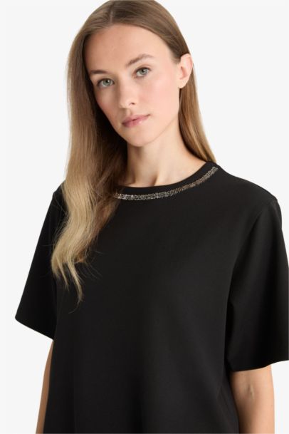 Regular Fit Crew Neck Embroidered Printed Crepe T-Shirt