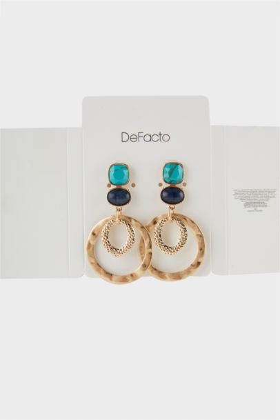 Woman Golden Earrings With Blue Stones