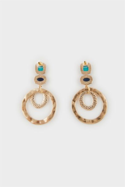 Woman Golden Earrings With Blue Stones