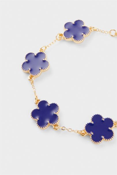 Woman Golden Bracelet With Navy Blue Flowers