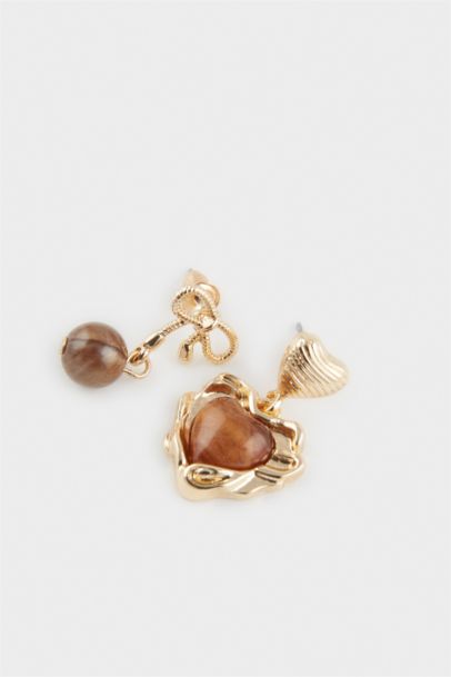 Woman 2 Piece Golden Earrings With Brown Stones