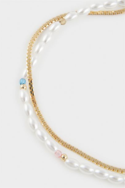 Woman 2 Piece Golden Anklets With Pearls