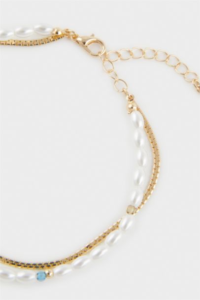 Woman 2 Piece Golden Anklets With Pearls