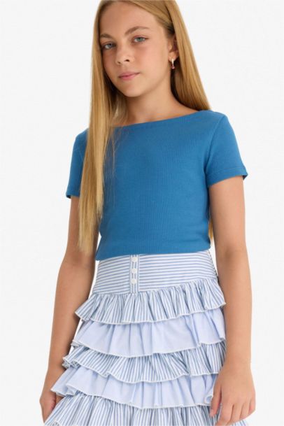 Girl Fitted Boat Neck Rib Short Sleeve T-Shirt