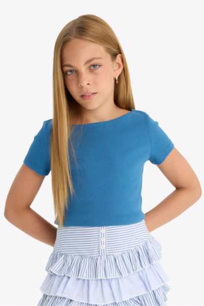 Girl Fitted Boat Neck Rib Short Sleeve T-Shirt