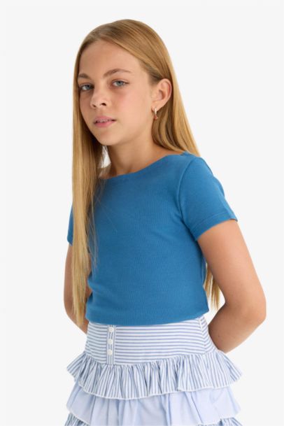 Girl Fitted Boat Neck Rib Short Sleeve T-Shirt