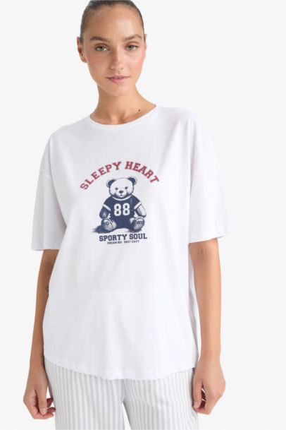 Regular Fit Bisiklet Yaka Baskılı Kısa Kollu Pijama Üstü