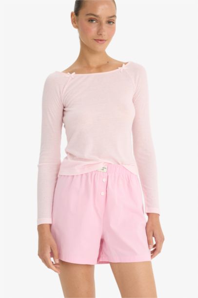 Regular Fit Kayık Yaka Uzun Kollu Ribana Pijama Üstü