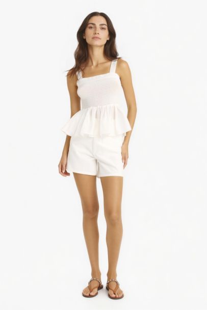 %100 Pamuk Cepli Beyaz Gabardin Şort