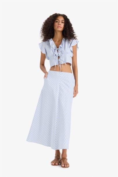 A Kesim Çizgili Normal Bel Poplin Maxi Etek