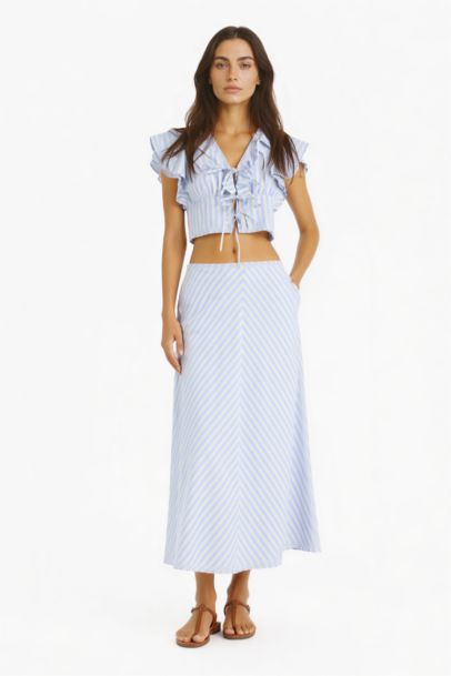 A Kesim Çizgili Normal Bel Poplin Maxi Etek