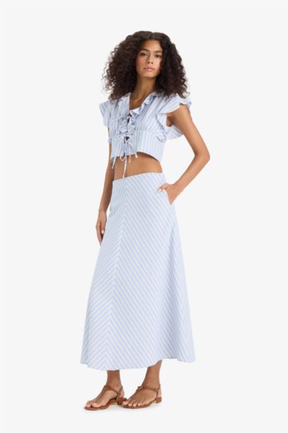 A Kesim Çizgili Normal Bel Poplin Maxi Etek