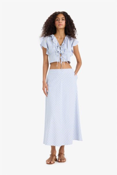 A Kesim Çizgili Normal Bel Poplin Maxi Etek