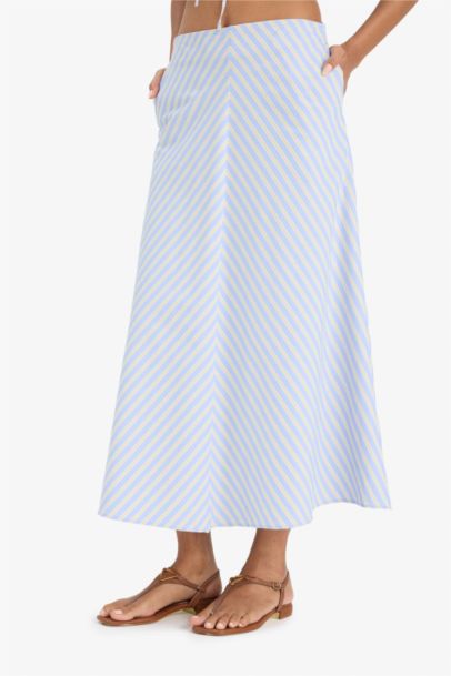 A Kesim Çizgili Normal Bel Poplin Maxi Etek