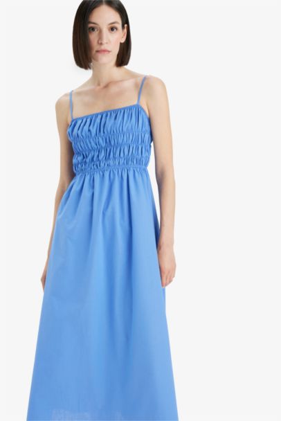 Square Collar Linen Look Midi Dress